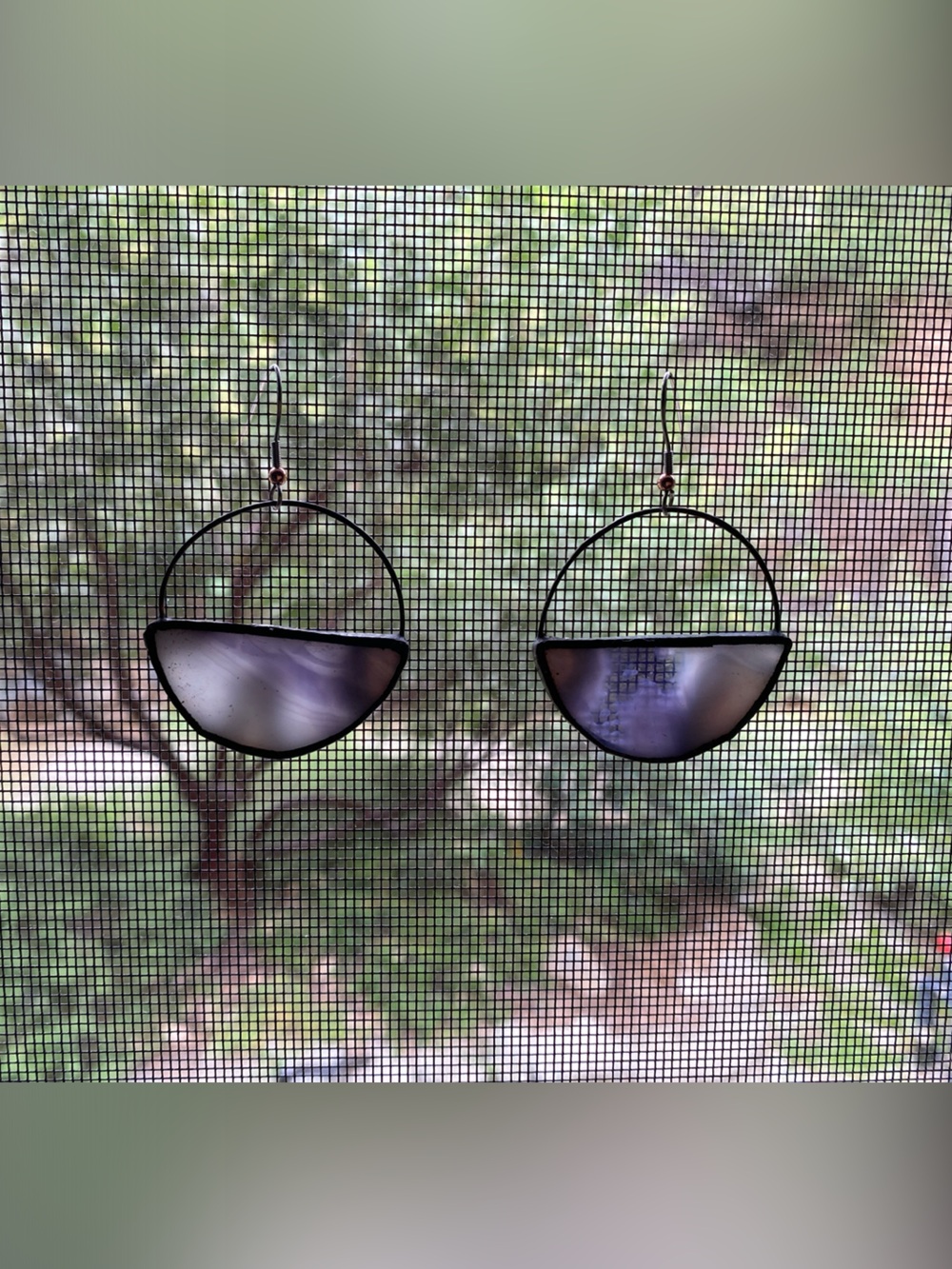 Large Handmade Stained Glass Half-Moon Earrings — Purple